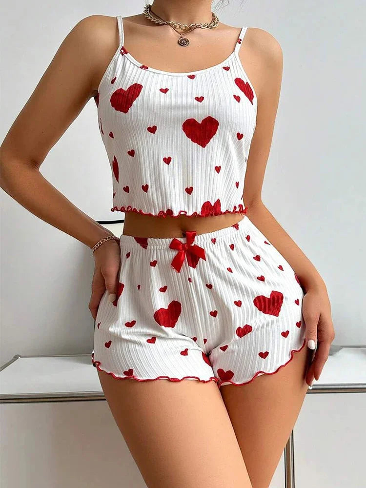 Sexy Girl Pajama Sets Love Heart Print Cami Top+Shorts Leisure Stripe Pyjamas Women Home Clothes Summer Sleeveless Sleepwear
