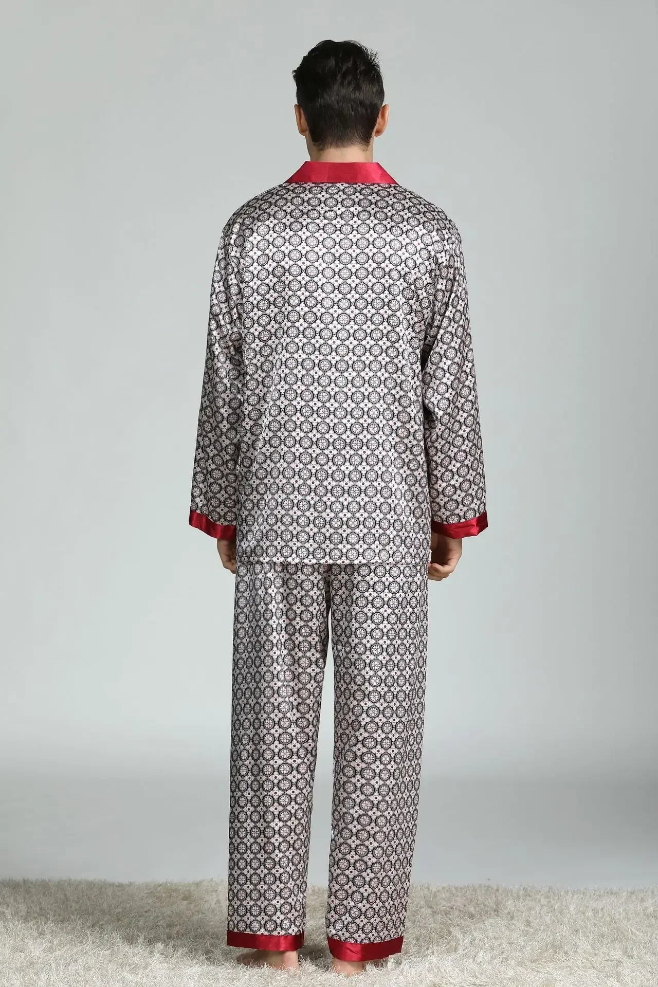 Silk Satin Pajamas for Men Sleepwear Cozy Soft Print Long Sleeve Nightgown Tops + Trousers Two Pieces Mens Pajama Set
