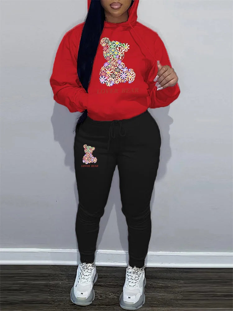 Women's Hoodies Sets Pants Suit 2 Piece Outfits 2025 New Letter Print Bear Aesthetics Sweatshirt and Sweatpants Womens Tracksuit
