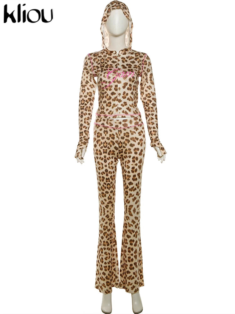 kliou Popular Leopard Women 2 Piece Set Trend Letter Print Hooded Long Sleeve Zip-up Tops+Matching Pants Female Trend Streetwear
