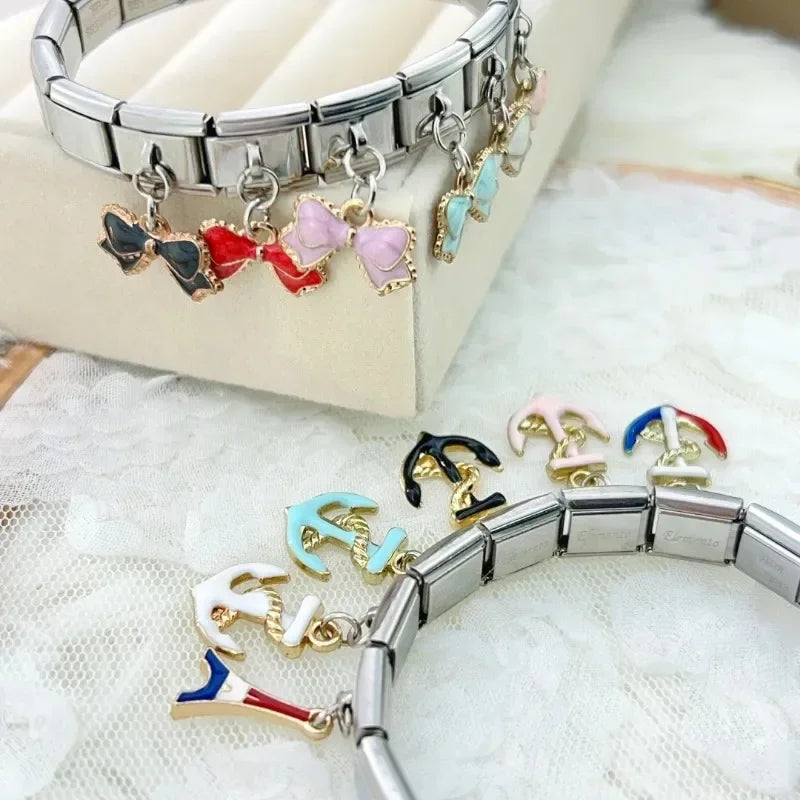 2025 NEW Popular Bow Anchor Pendant Elastic Charm Italian Links Fit 9mm Modular Bracelet Making DIY Jewelry Bulk