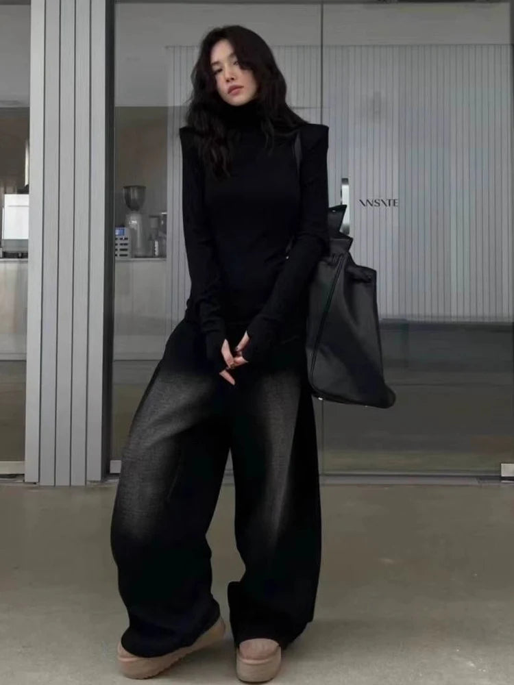 Women's High Neck Long Sleeve Top 2026 Spring New Korean Minimalist No Cuff Sleeve Design Structured Shoulder Slim Fit Knitwear