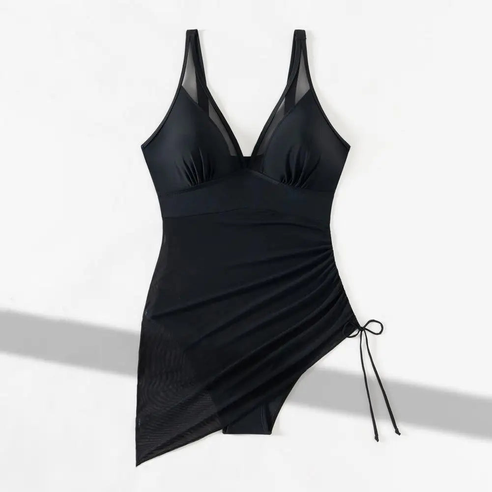 One Piece Women's Swimsuit Solid Color V Neck Tummy Control Swimwear Sexy Mesh Sheer Wrap Bathing Suit For Beach Vacation