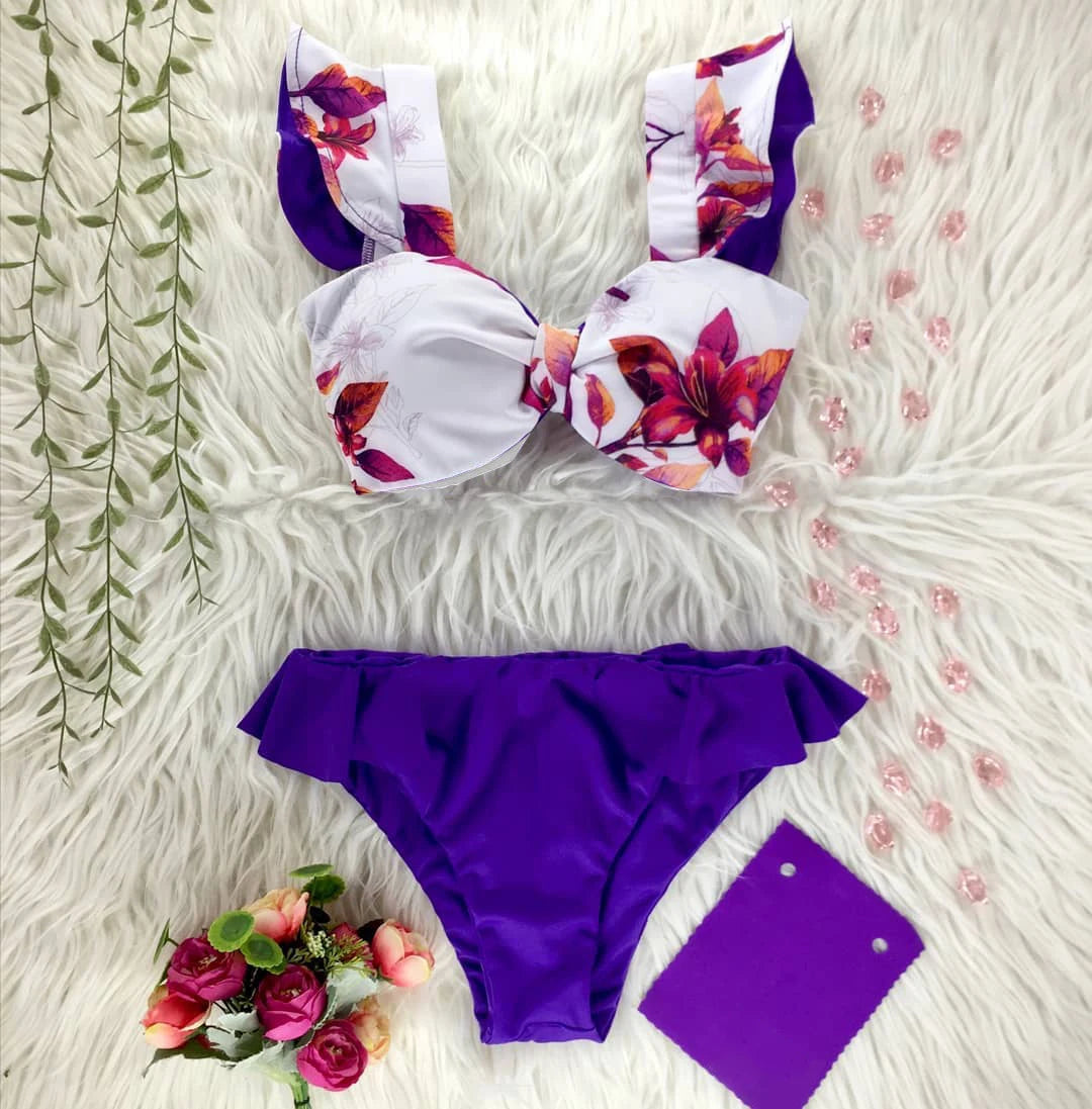 2026 High Waist Bandage Bikini Set For Women Floral Printed Ruffle Bikinis Push Up Strappy Brazilian Biquini Swimwear Swimsuit