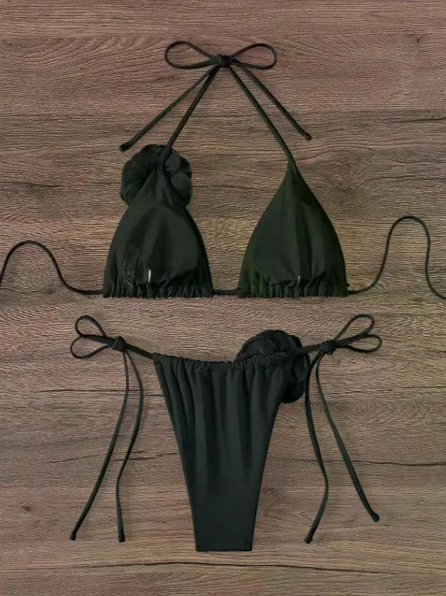 S - L Sexy 3D Flowers Halter Strappy Bikini, Swimwear Swimsuit Two-pieces Bikini Set Bather Bathing Suit Swim