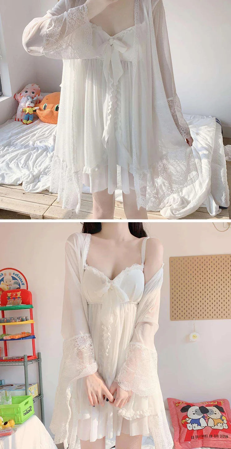 Summer Sexy Pajamas with Breast Pads Female Lace Pajamas Robe Gown Set Sexy Sleepwear White Lace Night Gown  Lingerie for Women