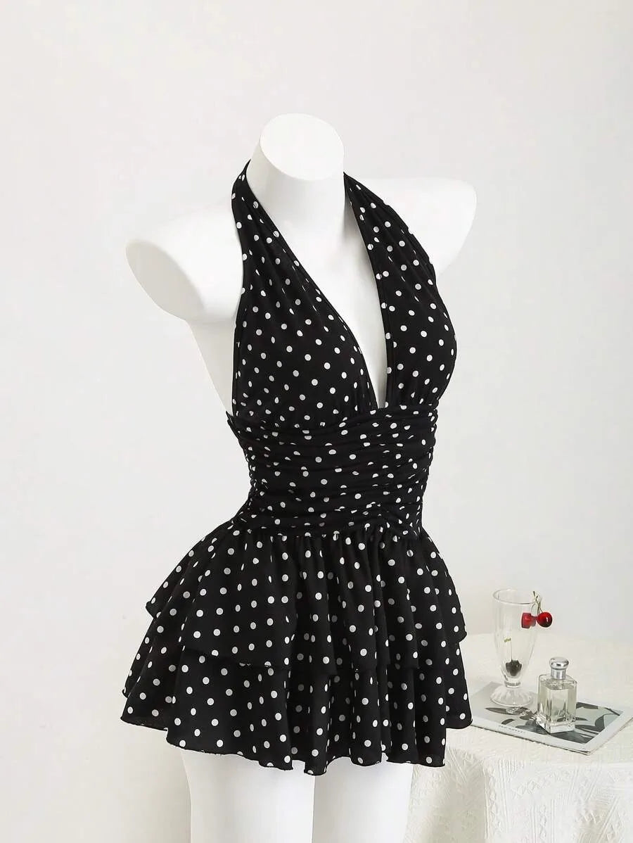 New Street Spicy Girl Digital Printed Design with Neck Hanging, Sleeveless Short, Thin Waist Cake Skirt