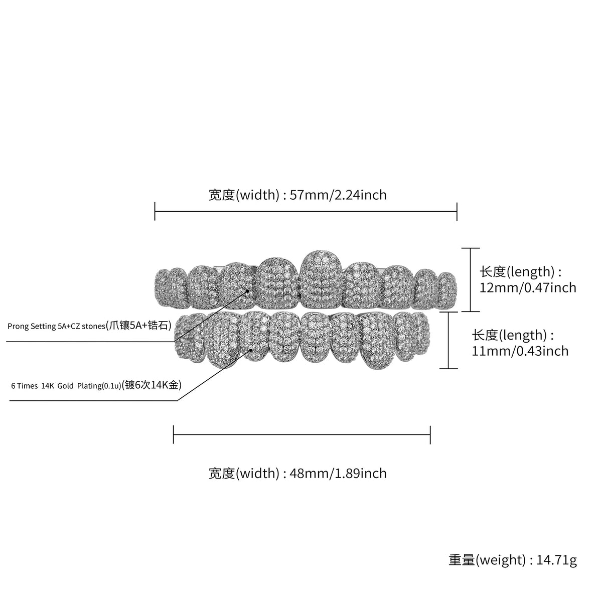 TOPGRILLZ Iced Out 10 Top &10 Bottom 5A CZ Stones Teeth Grillz Punk Rapper 14K Gold Plated Zircon Tooth Caps For Mouth Jewelry