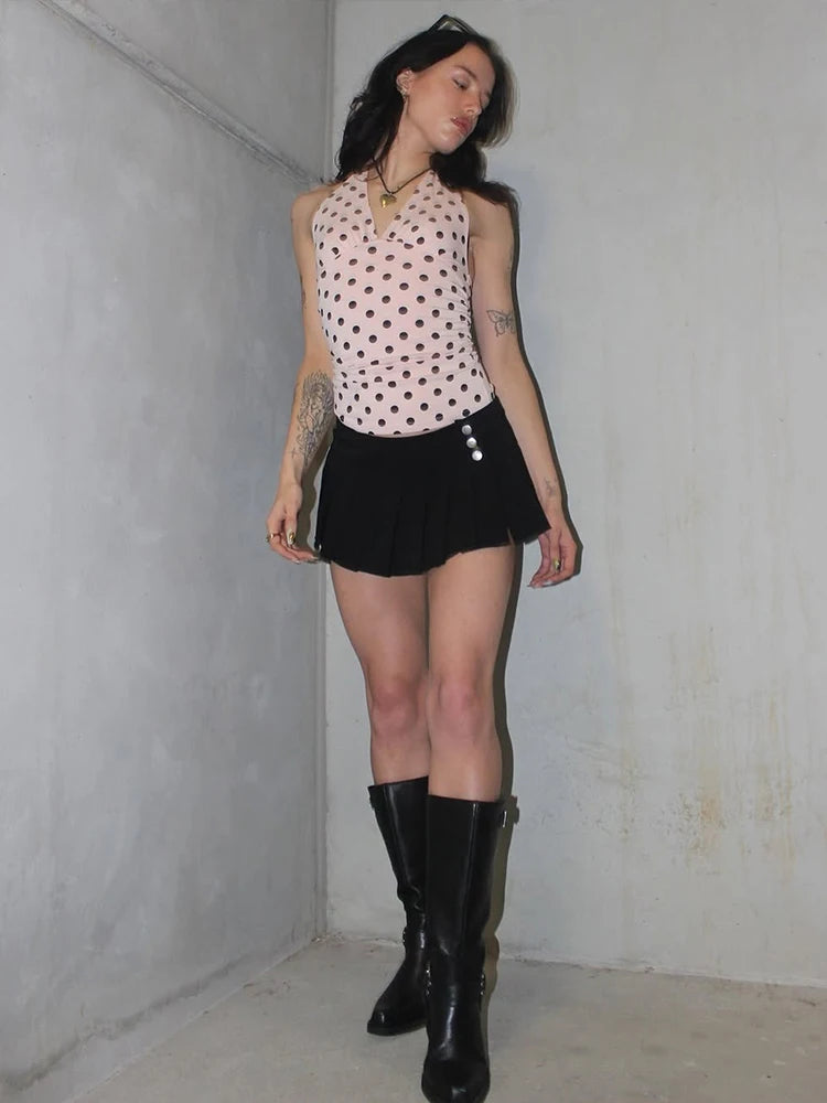 weird Puss Halter v-Neck Vest Women Y2K Lace-Up Backless Polka Dot Print  Skinny Summer Fashion Daily Street Basic Tank Tops