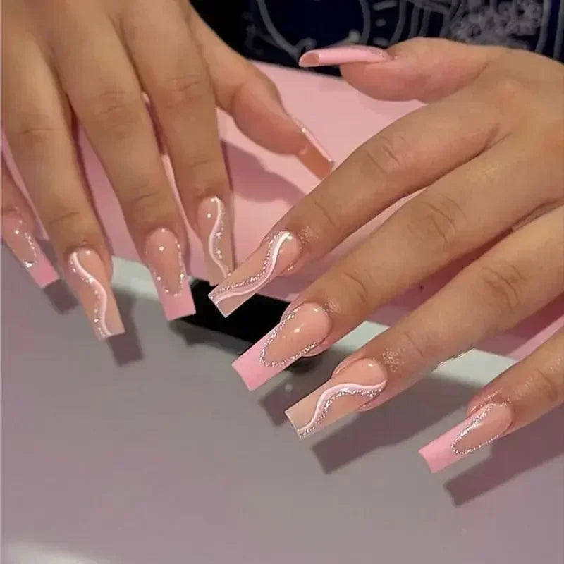 24Pcs Shimmery Long Coffin False Nails with Glue Ballerina Nail Design Sweet Fashion French Press on Acrylic Nails Tips