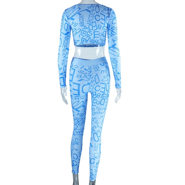 STYLISH LADY Letter Printed Sporty 2 Piece Set Women Long Sleeve Crop Top and Skinny Pant Suits 2025 Summer Sexy Street Outfits