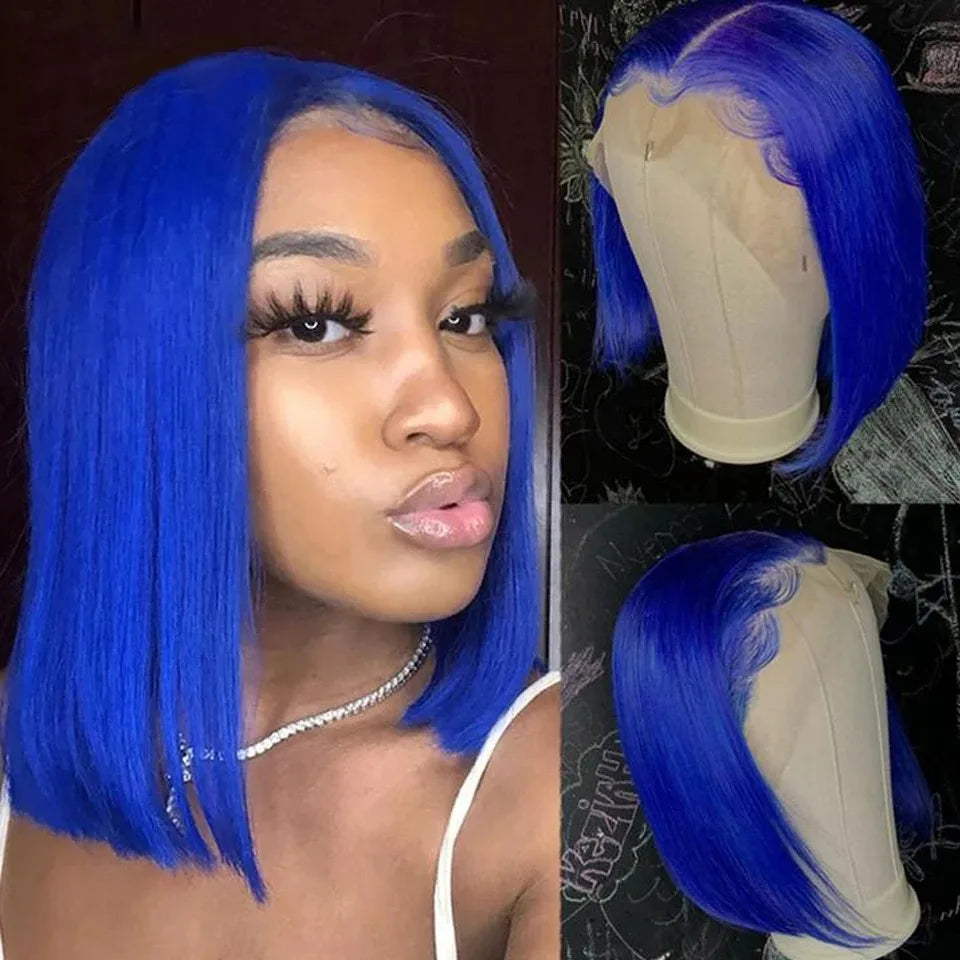 Short Bob Blue Colored 13X4 Lace Part Transparent Lace Peruvian Virgin Hair Wig For Women 100% Human Wig Straight Wig For Women