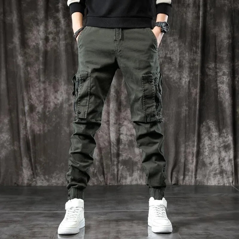 Trendy Men's Spring Autumn Cargo Pants Slim Fit Casual Style Loose Fit American Style Multiple Pocket Small Foot Pants Black