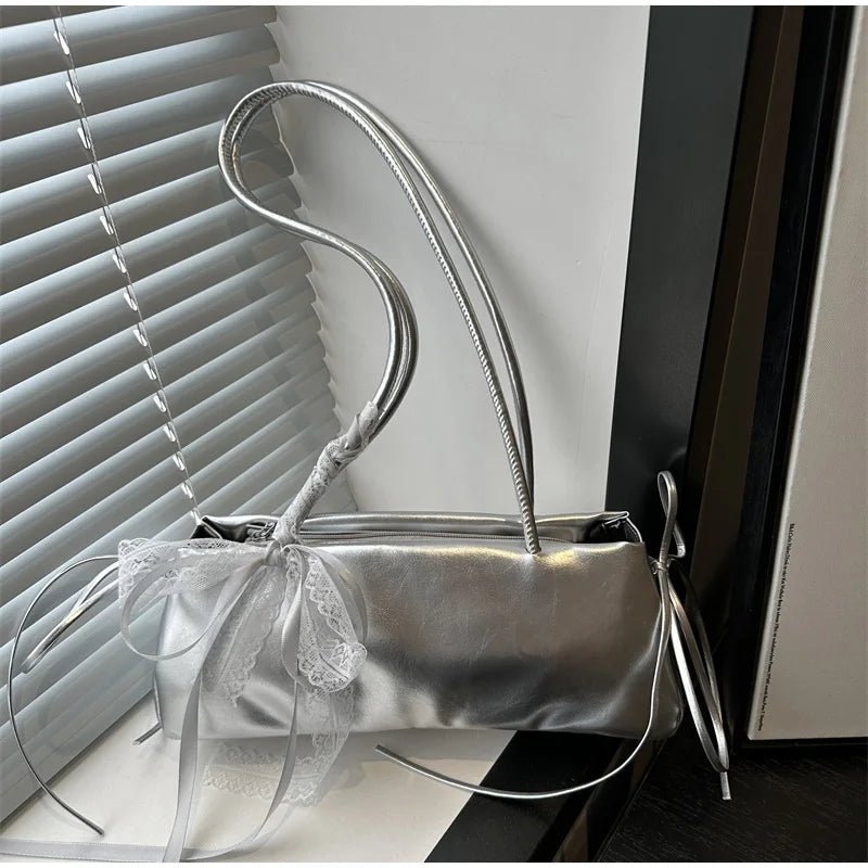 Korean Bow Ribbon Handbag Fashion Lace Square Shoulder Bag French Elegant Baguette Bag Leisure Large Capacity Tote Underarm Bag