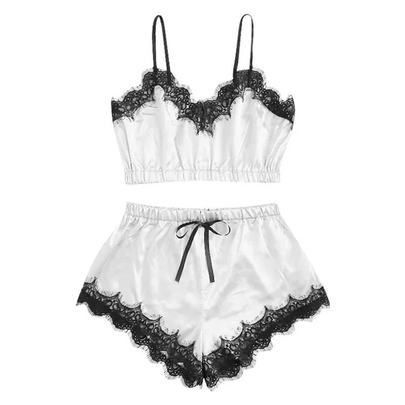 1set Lingerie Sexy Bra Set Women's Sleepwear Sleeveless Strap Lace Trim Satin Cami Tops Pajama Sets Bras Women Brief Sets