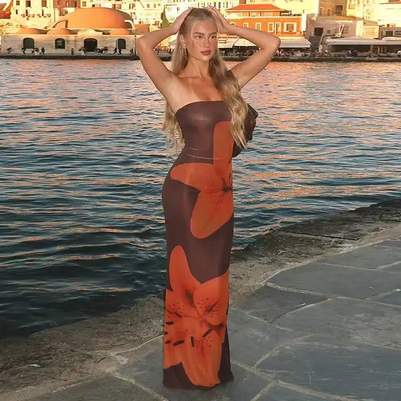 Women's Floral Print Backless Strapless Long Dress Summer Party Holiday Vacation Beach Streetwear Fashion Sleeveless Long Dress