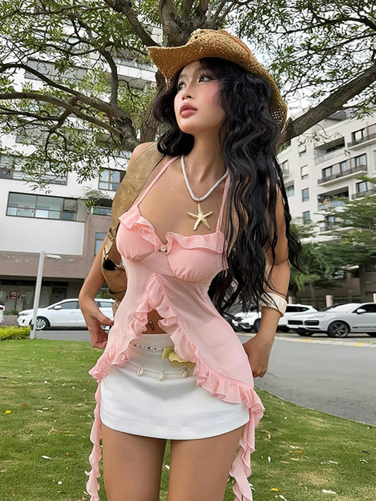 Weird Puss Patchwork Mesh Y2K Sexy Camisole Women Halter Bandage Low-Neck Tassel Ruffles 3d Flowers Midnight Club Sexy Tank Tops