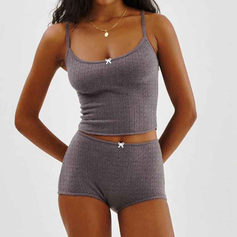 Women Casual Lounge Suit Vintage Cottage Eyelet 2 Piece Set Outfits Spaghetti Strap Camisole + Micro Shorts Y2K Kawaii Crop Tops