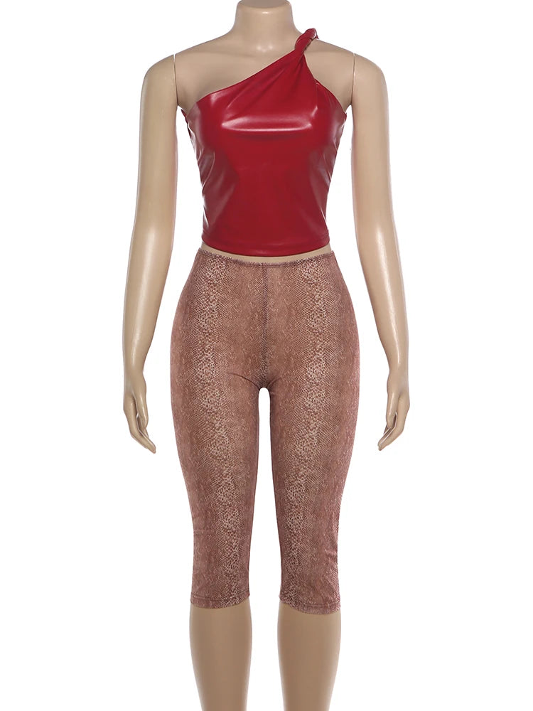 Sisterlinda Summer Hipster 2-Piece Set Women Slanted Shoulder Pu Tank Top+Calf Shorts Matching Stretch Skinny Clubwear Outfits
