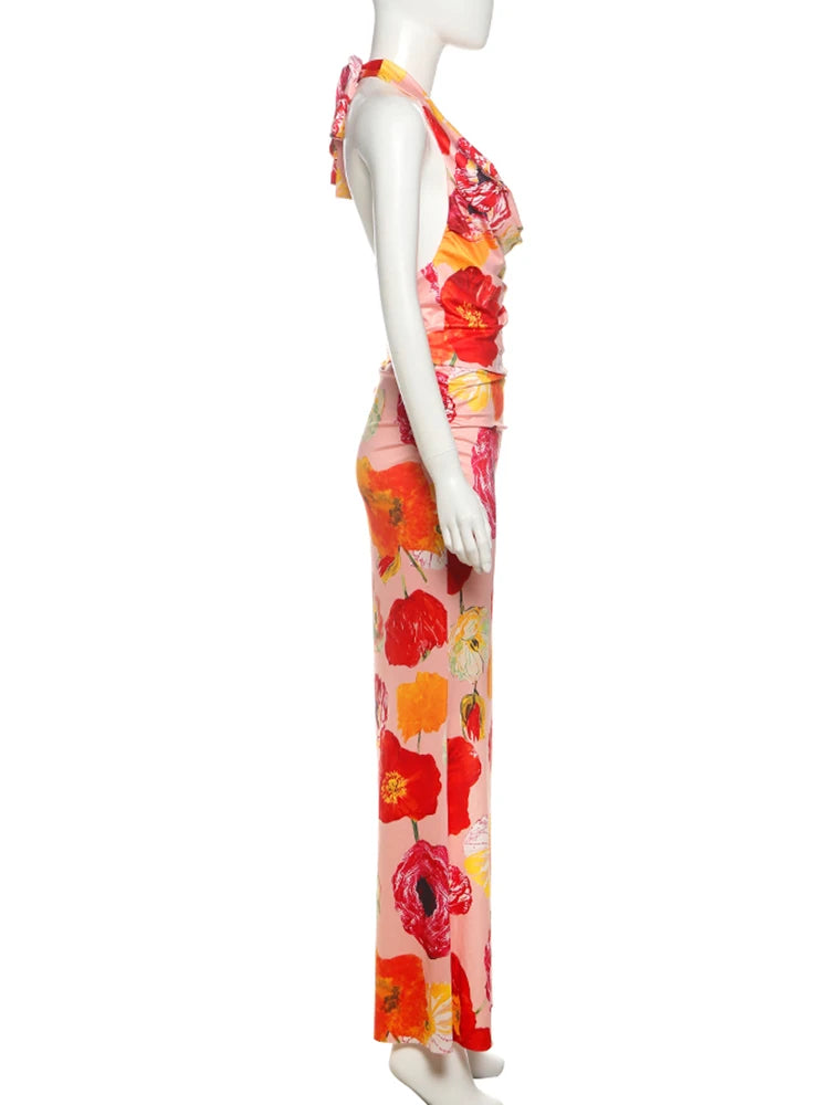 Weird Puss Floral Print 2 Piece Set Women Halter Low-Neck Backless Crop Tops+Skinny Splits Long Skirts Vacation Beach Style Suit