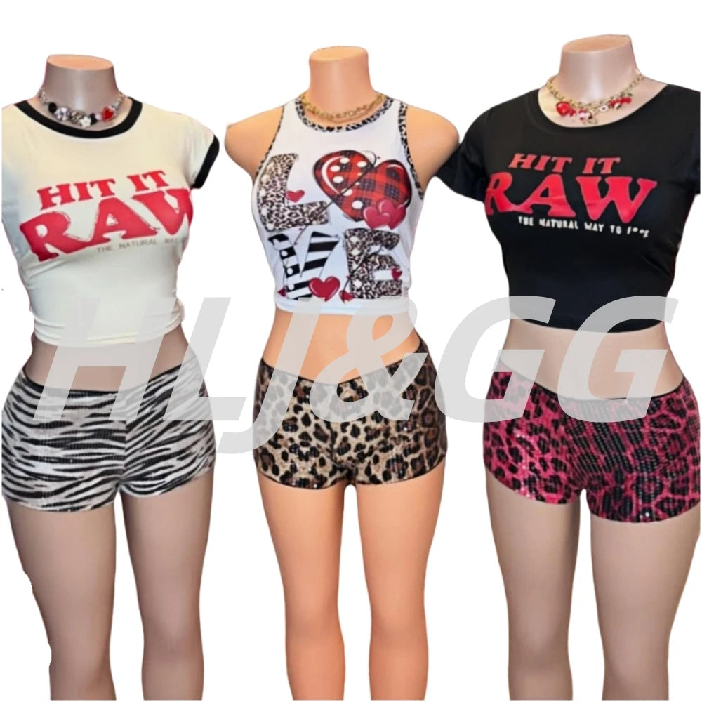 HLJ&GG Y2K Fashion Letter Printing Sequin Shorts Two Piece Sets Women Round Neck Short Sleeve Slim Crop Top And Shorts Outfits