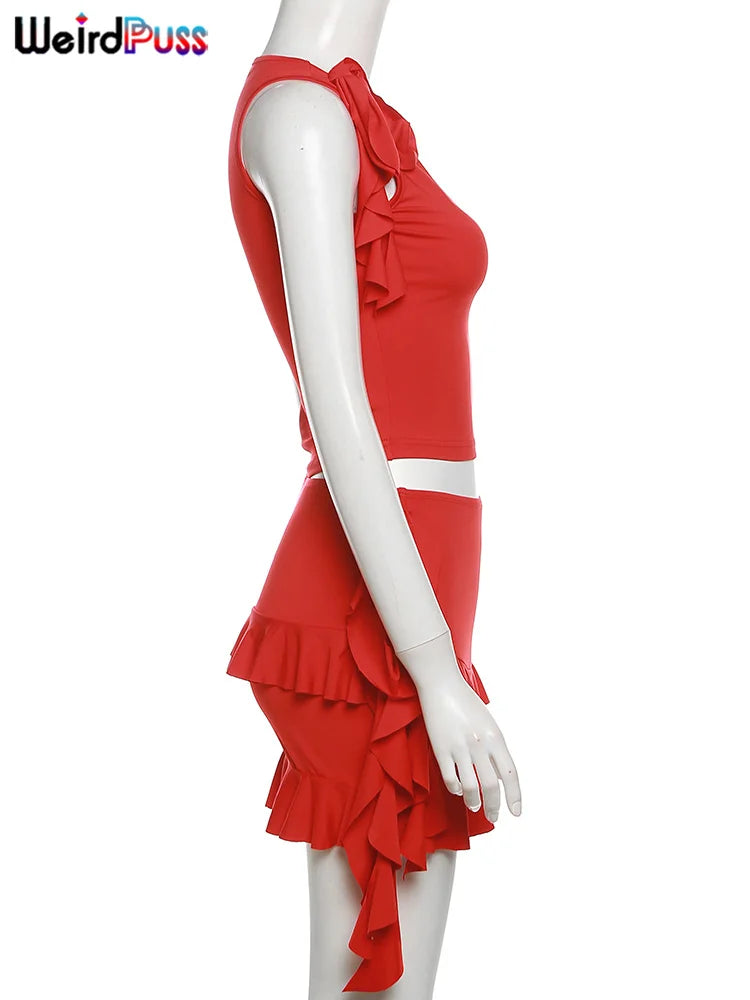 Weird Puss Women 2Piece Set Double-Deck Pleated Tassel Mini Skirt+Bandage Slim Tank Top Festival Party Sexy Matching Outfits