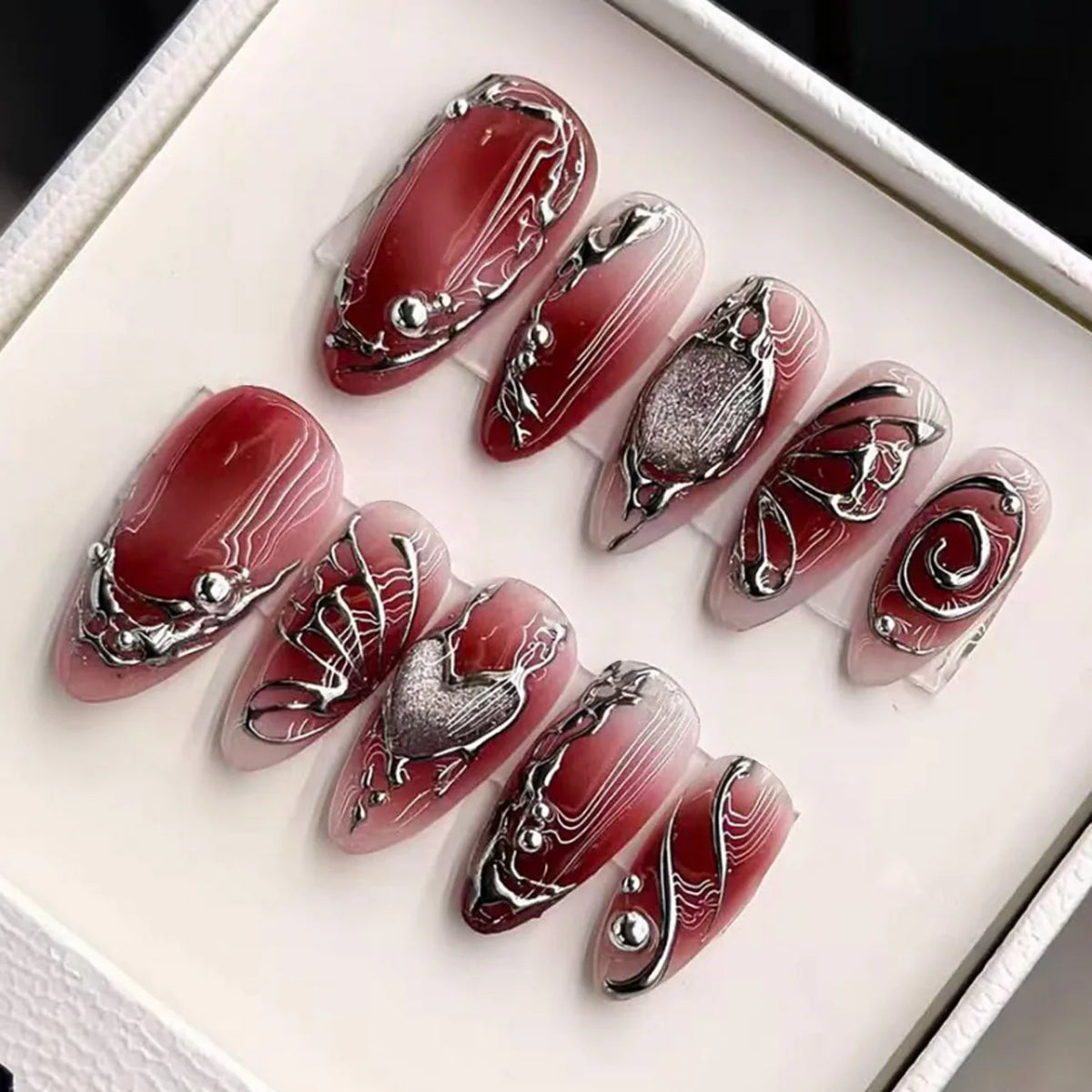 24Pcs Mid-length Gilded Almond Nails Set Press on 3D Flower Gradient Pink Full Cover False Nails Tips Pearl Reusable Fake Nails