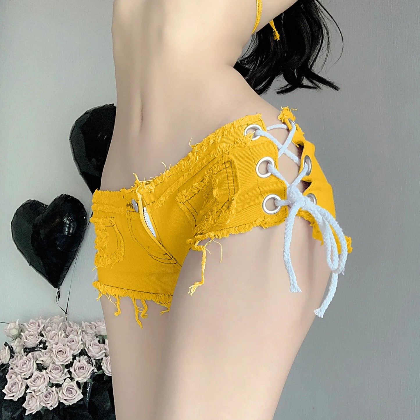 Women's Summer Sexy Low Waist Mini Denim Shorts Side Cross Lace-up Sexy Hot Pants Club Streetwear Jean Shorts