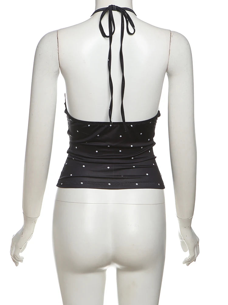 Weird Puss Polka Dot Print Tank Tops Women V-Neck Halter Lace-Up Backless Sleeveless Skinny Sexy Daily Street Summer Basic Vest