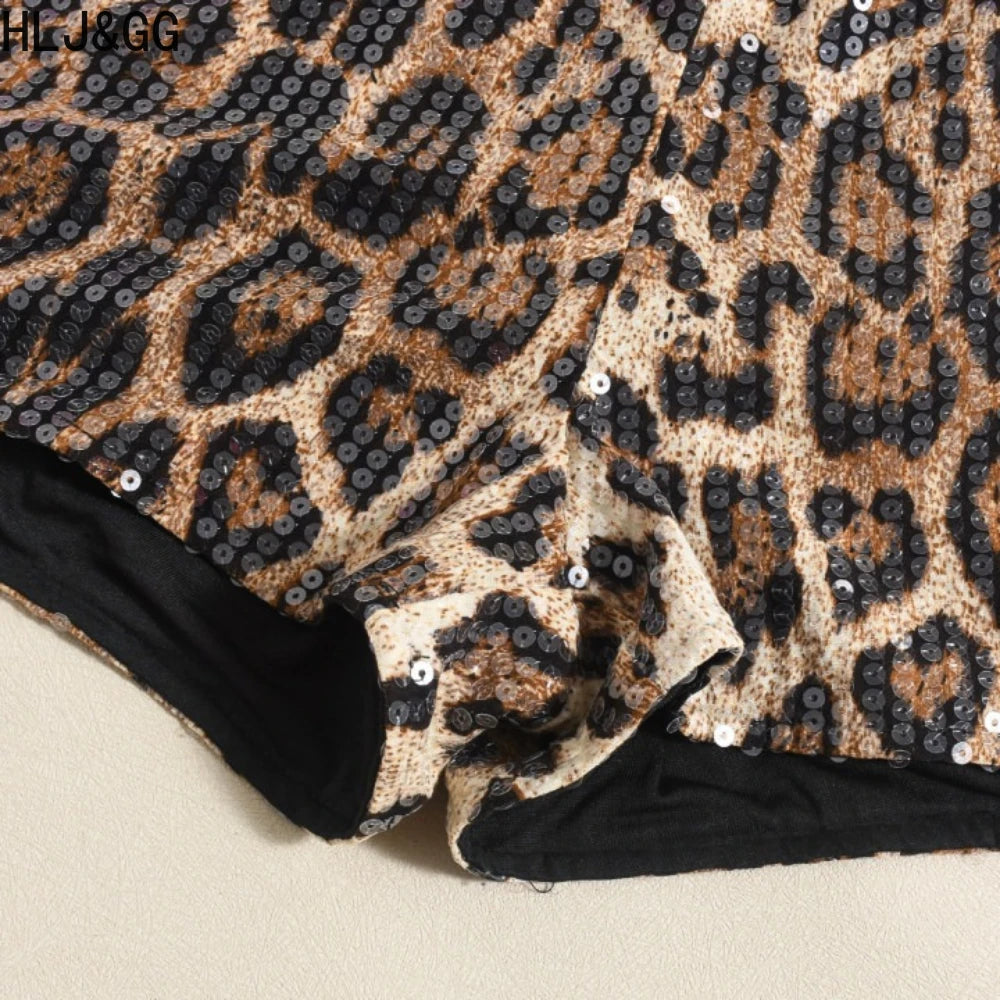 HLJ&GG Y2K Summer New Letter Tank Top Two Piece Sets Women Round Neck Sleeveless Vest + Sequin Leopard Shorts Outfits Streetwear