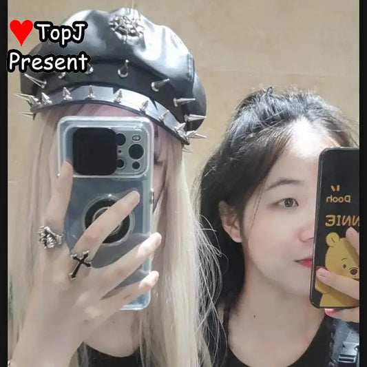 Women Lolita Y2k Steam Punk Gothic Harajuku Subculture Girl Riveted Motorcycle Hat Trendy Men's Personality Beret Stage Rock Hat