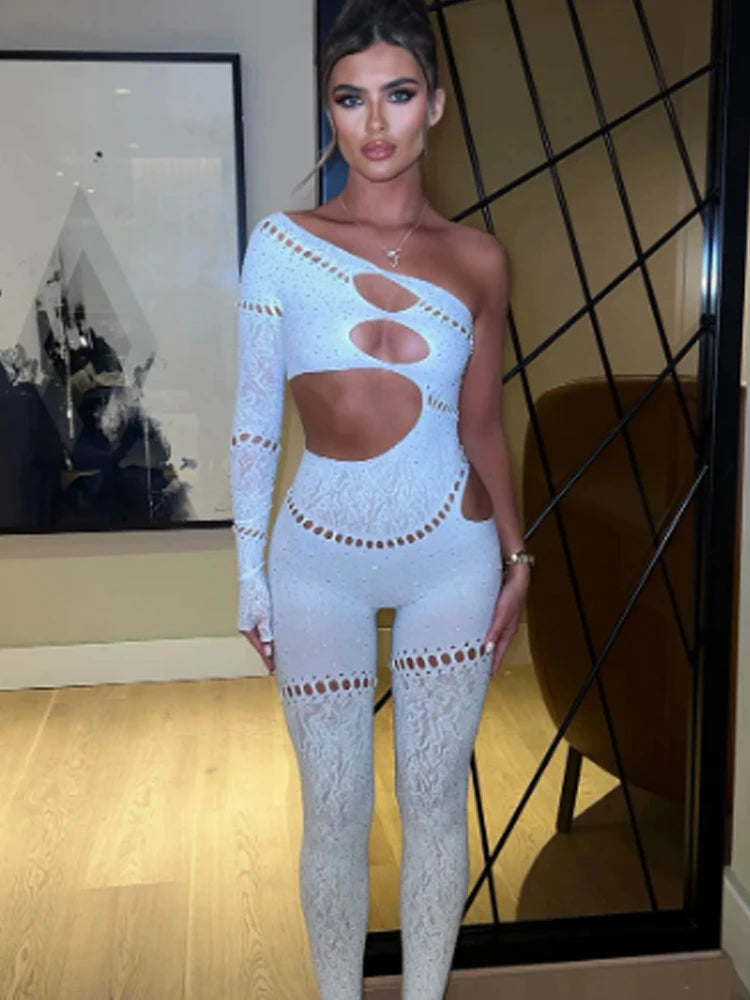 Weird Puss Shine Rhinestones Jumpsuits Women Irregular Hollow Skew Collar Single Sleeve Hottie Sexy Coquettish Clubwear Overalls