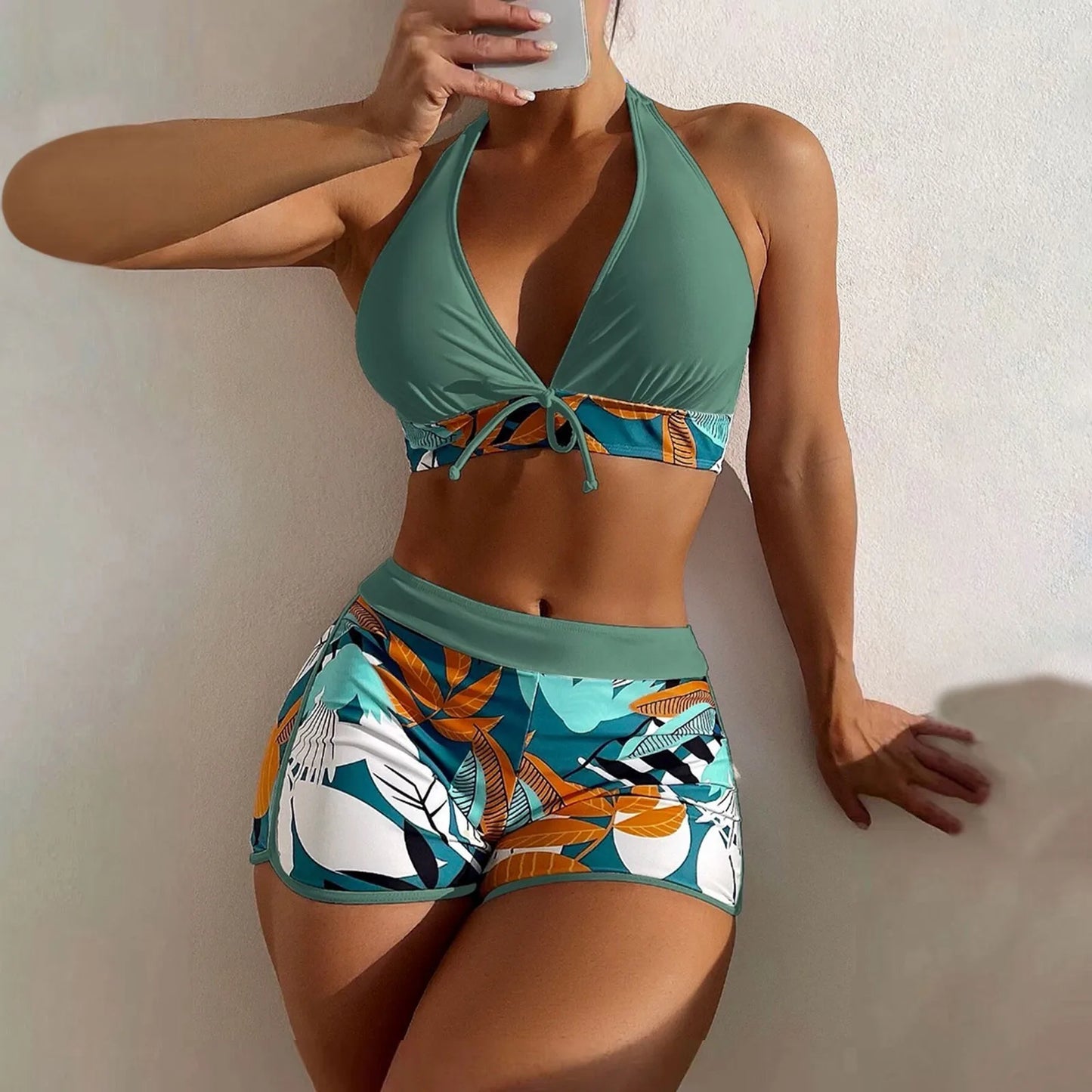 Shorts Bikinis Set  High Waist Swimsuit Women Swimwear  Plant Print Bathers Bathing Swim Suit Beachwear