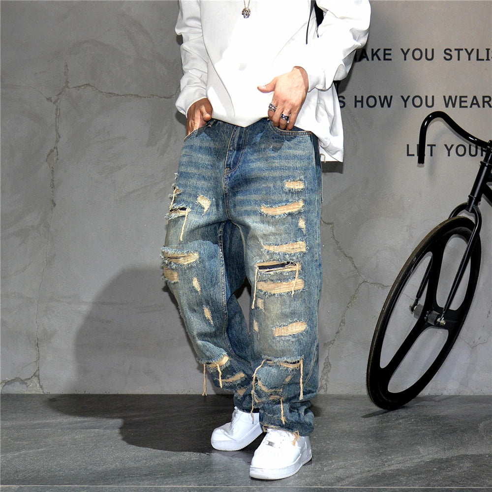 Ripped Baggy Jeans Distressed Denim Streetwear Skateboard Pants Straight Leg Patchwork Oversized Urban Fashion Workwear, men's jeans