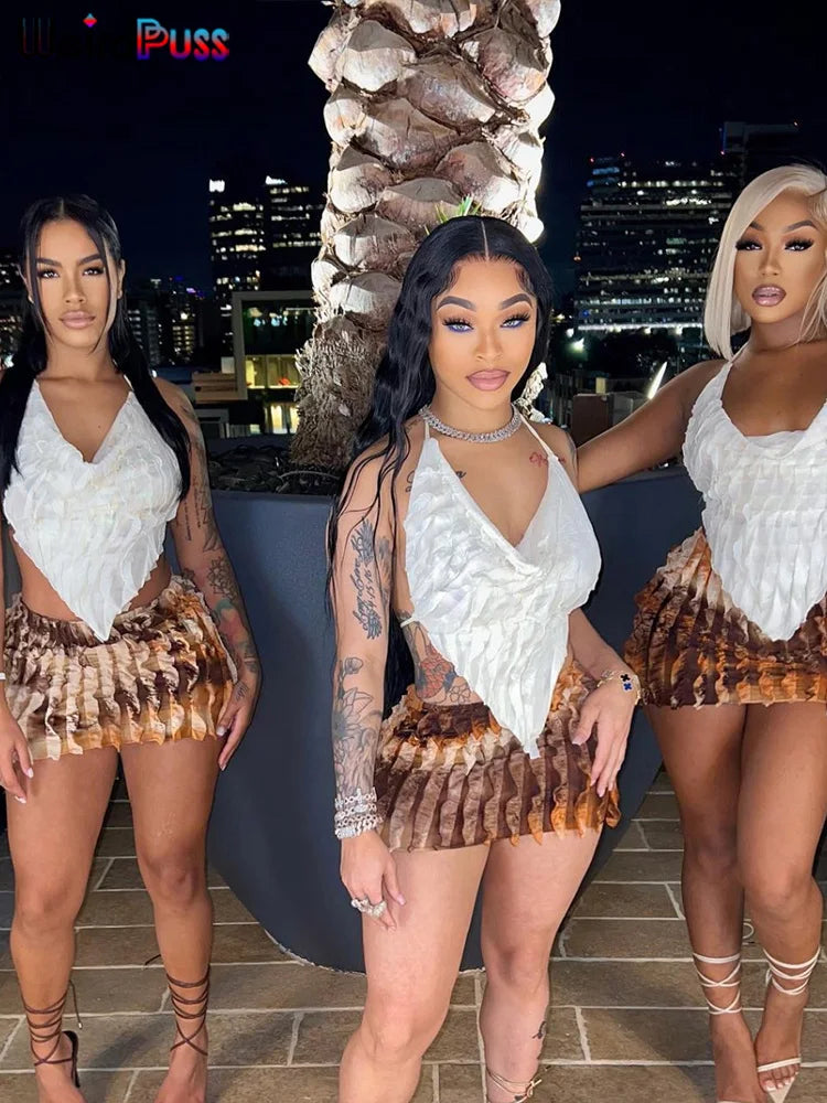 Weird Puss Ruffles Women Sexy 2piece Set See Through Low-Neck Camisole+Peach Hip Skirts Vacation Midnight Clubwear Matching Suit