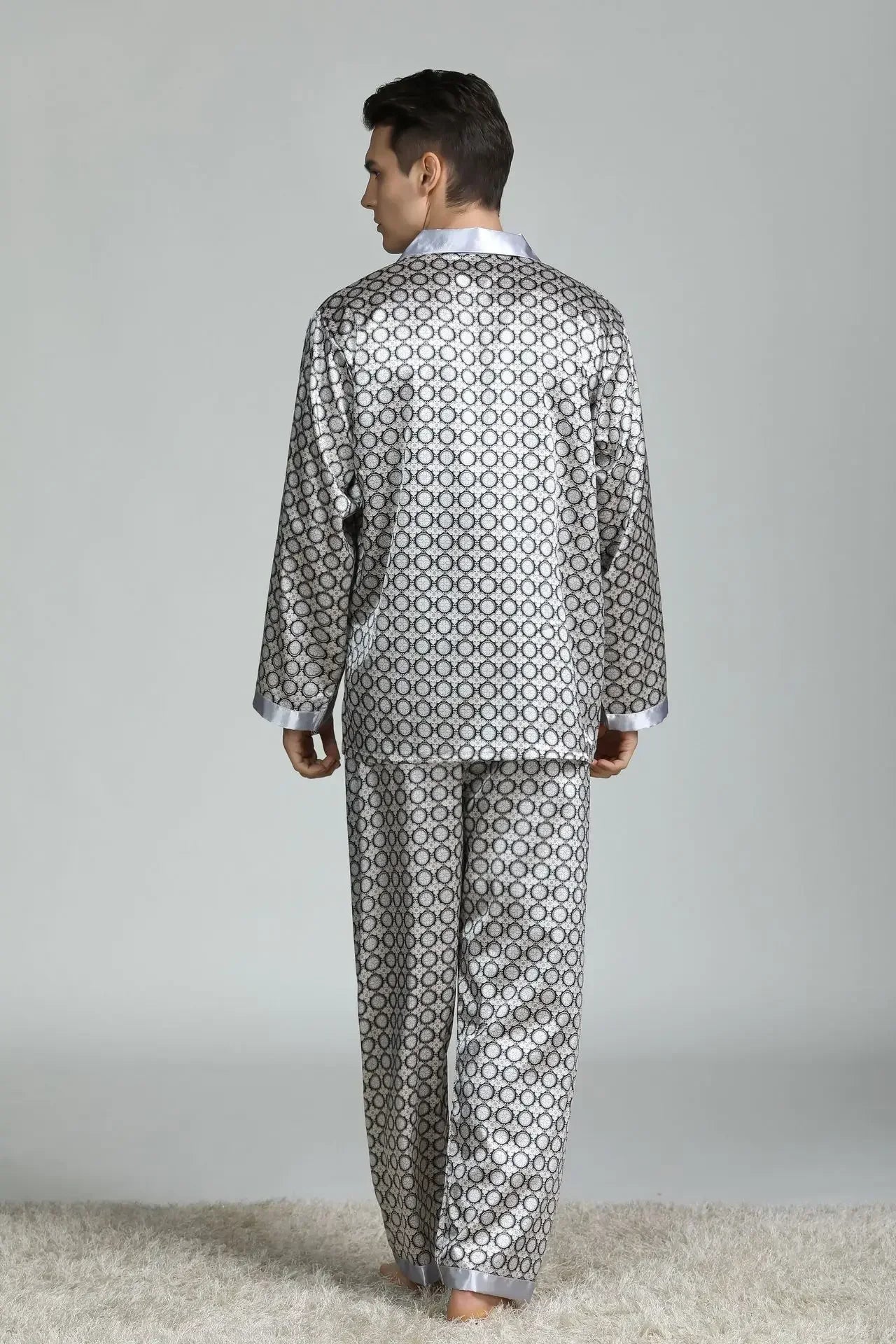 Silk Satin Pajamas for Men Sleepwear Cozy Soft Print Long Sleeve Nightgown Tops + Trousers Two Pieces Mens Pajama Set