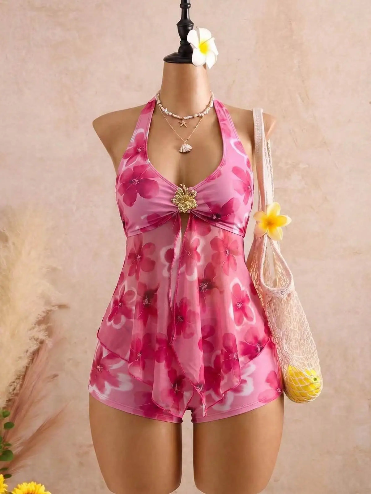Vintage Yellow Polka Dot Print Bikini Set 2026 Women Metal Sun Ornament Mesh Tank Top High Waist Swimsuit Bathing Suit Swimwear