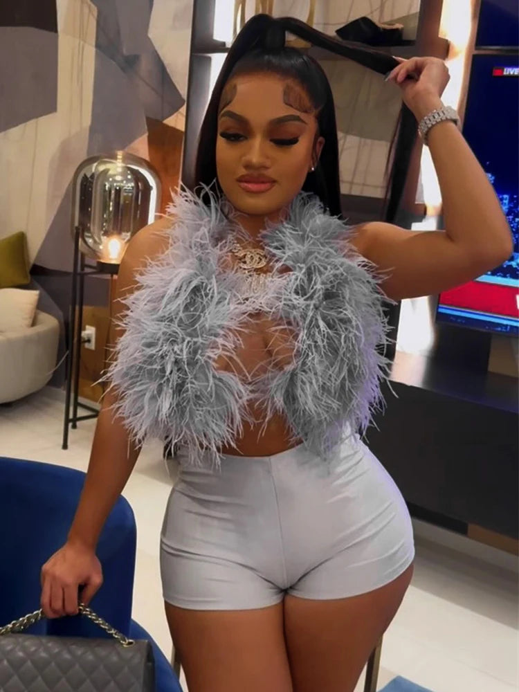 Weird Puss Sexy Hipster 2 Piece Set Women Y2K Summer Luxury Furs Tank Tops+Tight Stretch Shorts Midnight Clubwear Party Suits