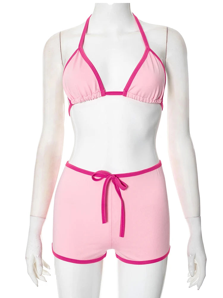 Weird Puss Contrast Bandage 2 Piece Set Women Sexy Halter Mini Bra+Skinny Swim Shorts Vacation Beach Party Style Trend Swimsuits
