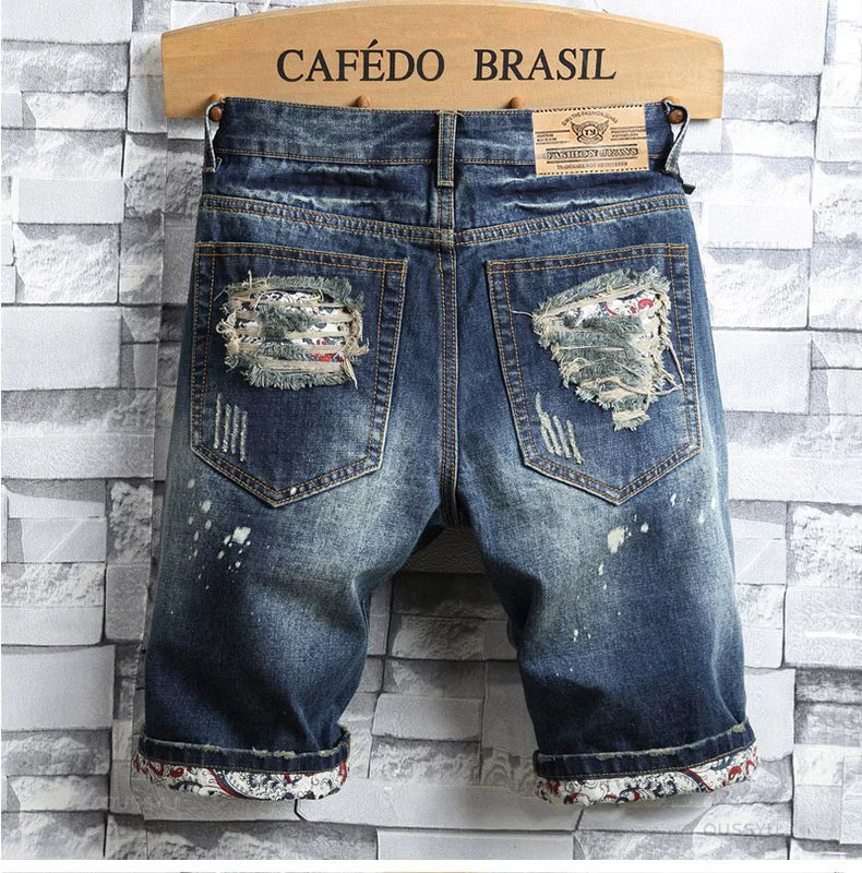 Brand Clothing New Summer Ripped Hole Denim Shorts Men Cotton Thin Straight Retro Biker Knee Length Short, Male Streetwear