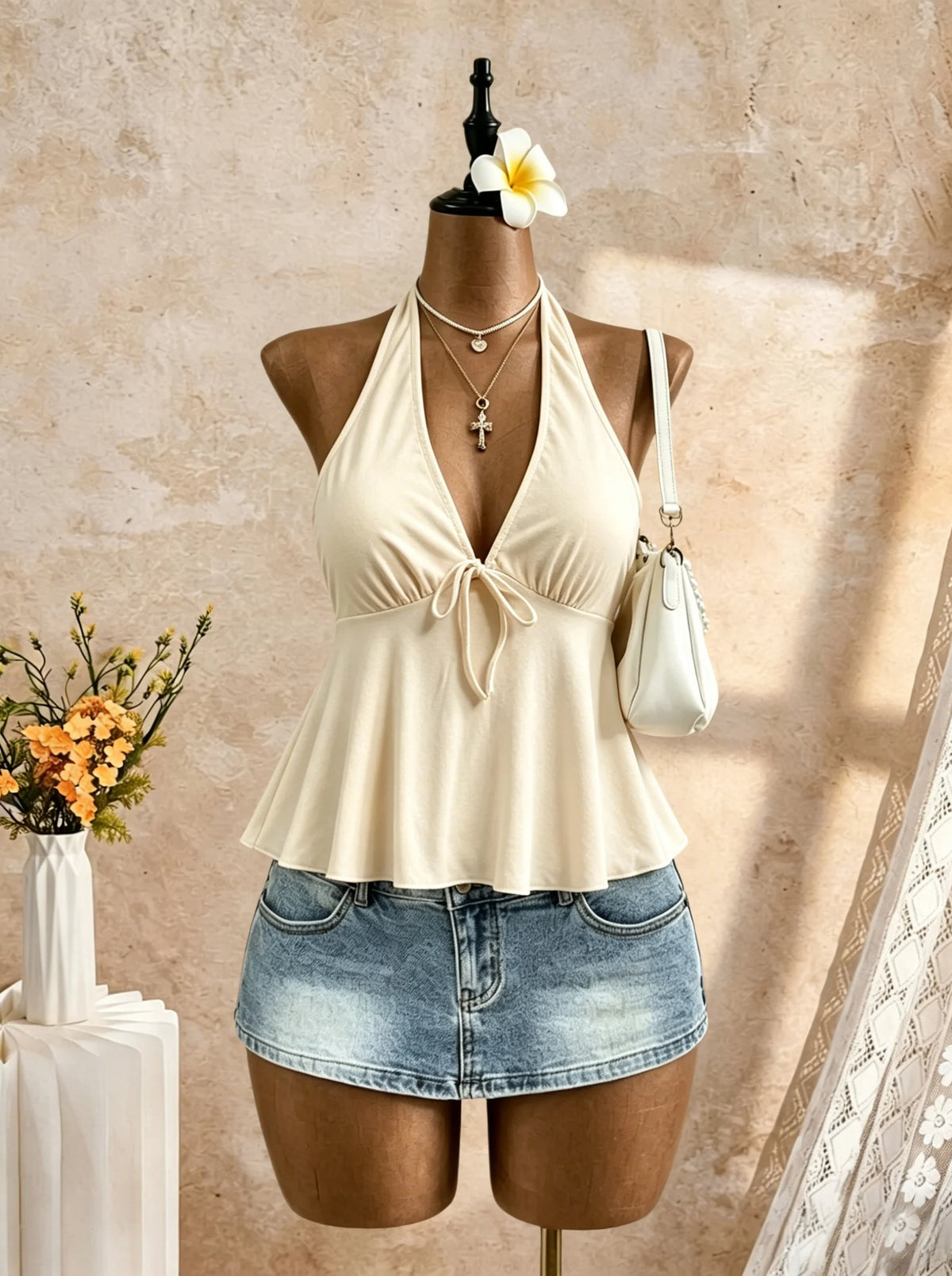 Women Halter Deep V Neck Front Self Tie Flared Peplum Camisole 2026 Summer Y2K Solid Color Sleeveless Flowy Beach Vacation Tank