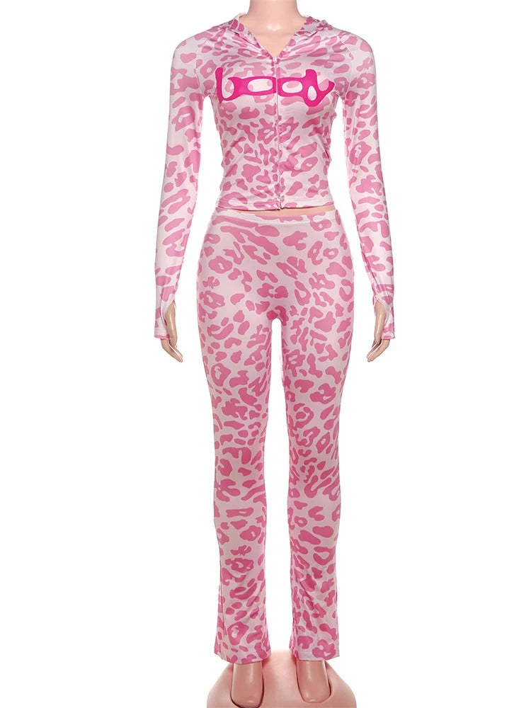 Weird Puss Letter Leopard Print 2 Piece Set Women Casual Zip Hooded Crop Jacke+Leggings Matching Stretch Sporty Street Outfits