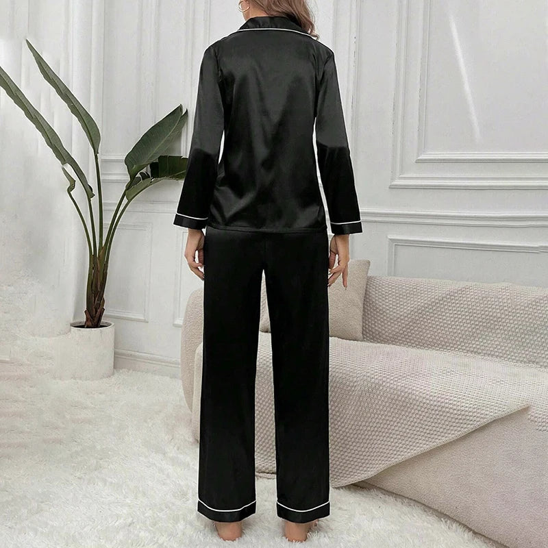Autumn Satin Women‘s Pajamas Set Notched Collar Top & Wide Leg Long Pants 2 Pieces Sleepwear Female Loungewear Like Leisure Suit