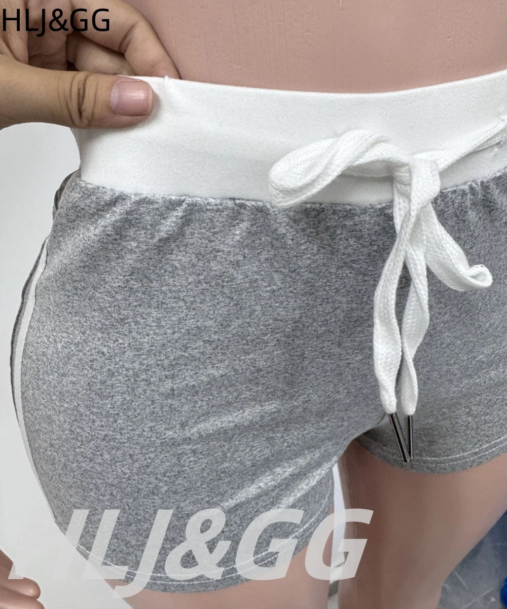 HLJ&GG Summer New Letter Print Drawstring Shorts Two Piece Sets Women Round Neck Short Sleeve Slim Crop Top And Shorts Outfits