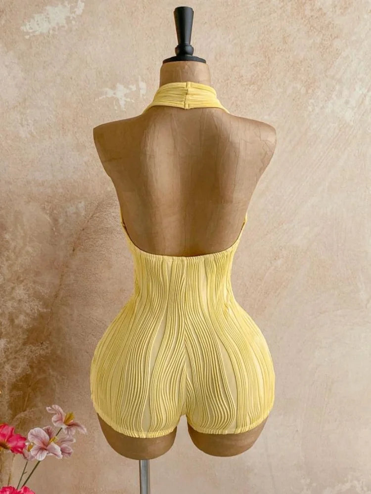 Women's Textured Knitted Bodysuit Orange Striped Circular Decoration Hanging Neck V Neck Jumpsuit Summer Holiday Crochet Romper
