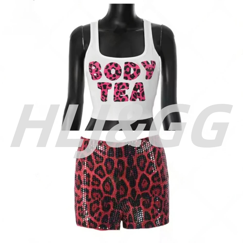 HLJ&GG Y2K Summer New Letter Tank Top Two Piece Sets Women Round Neck Sleeveless Vest + Sequin Leopard Shorts Outfits Streetwear