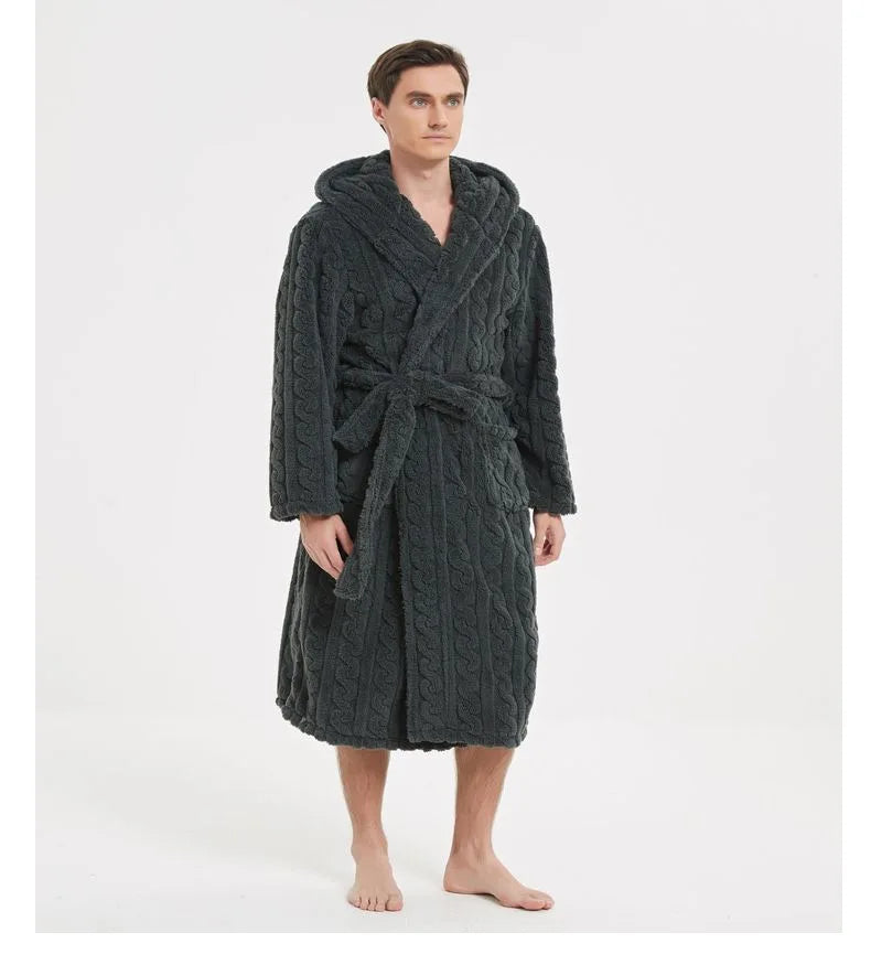 Warm Sleepwear Thicken Jacquard Flannel Men Robe Plush Coral Fleece Hooded Bathrobe Gown Winter Lounge Wear Home Wear Nightwear