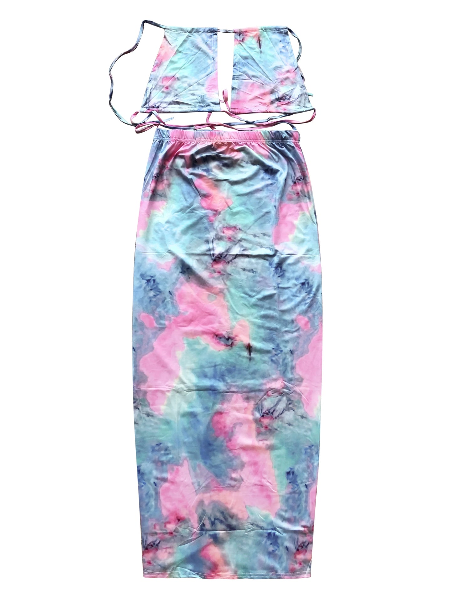 Tie Dye Sexy Two-piece Set, Halter Neck Tie Front Tank Top & High Waist Bodycon Maxi Skirts Set, Women's Clothing