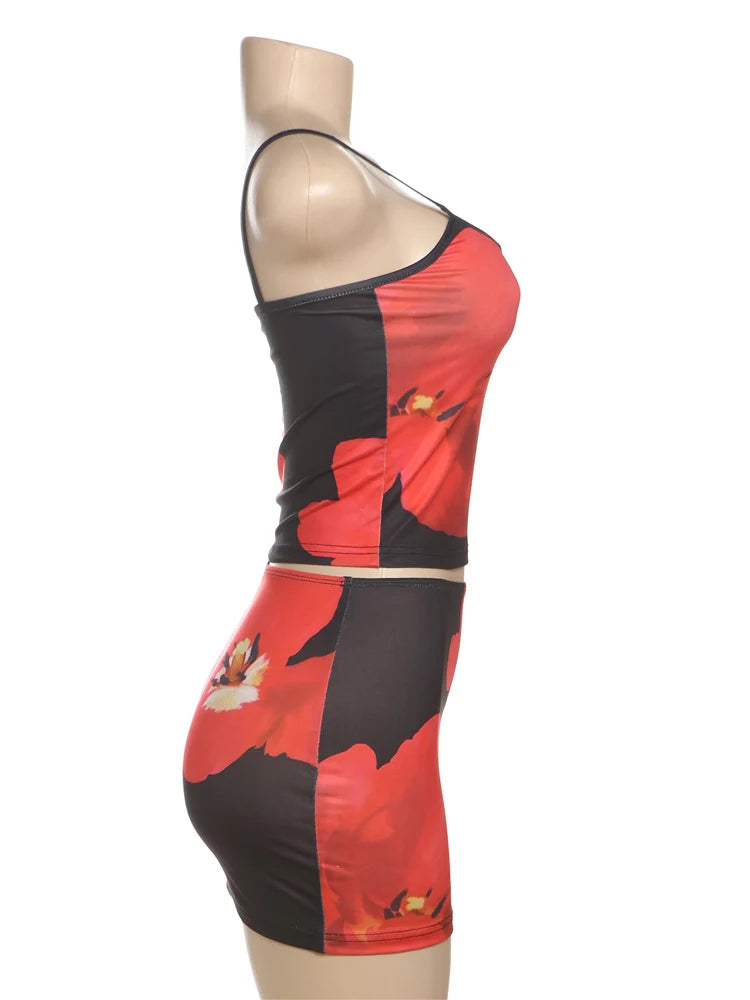 Weird Puss Y2K Floral Print 2 Piece Set Women Sexy Low-Neck Camisole+Skinny Peach Hip Skirts Vacation Trend Beach Style Outfits