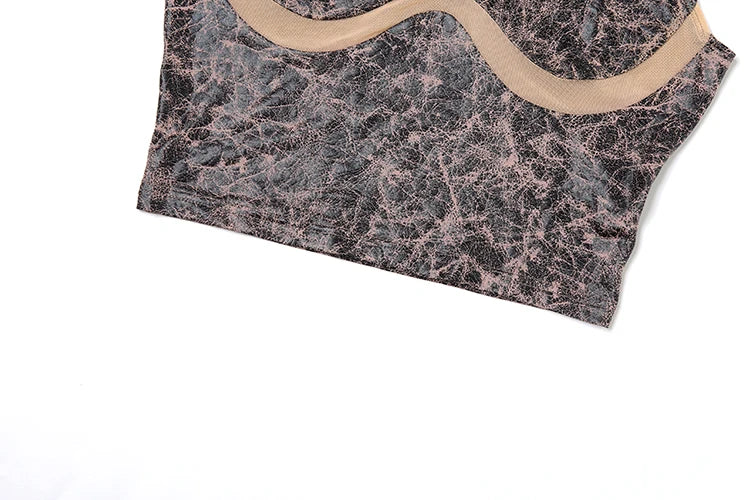 Weird Puss Mesh Patchwork Crop Tops Women Fashion Print o-Neck Sleeveless Skinny Stretch Hot Girls Street Fashion Wild T-Shirts